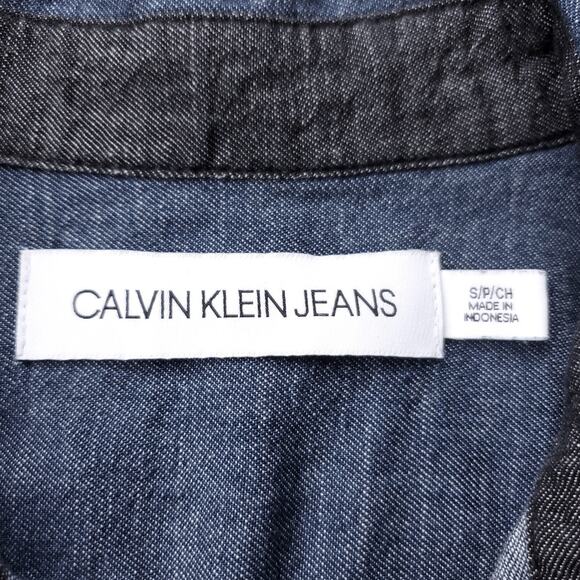 Calvin Klein Chambray Shirt Mens S Dark Blue Button Up Long Sleeve Casual Cowboy - Picture 9 of 11